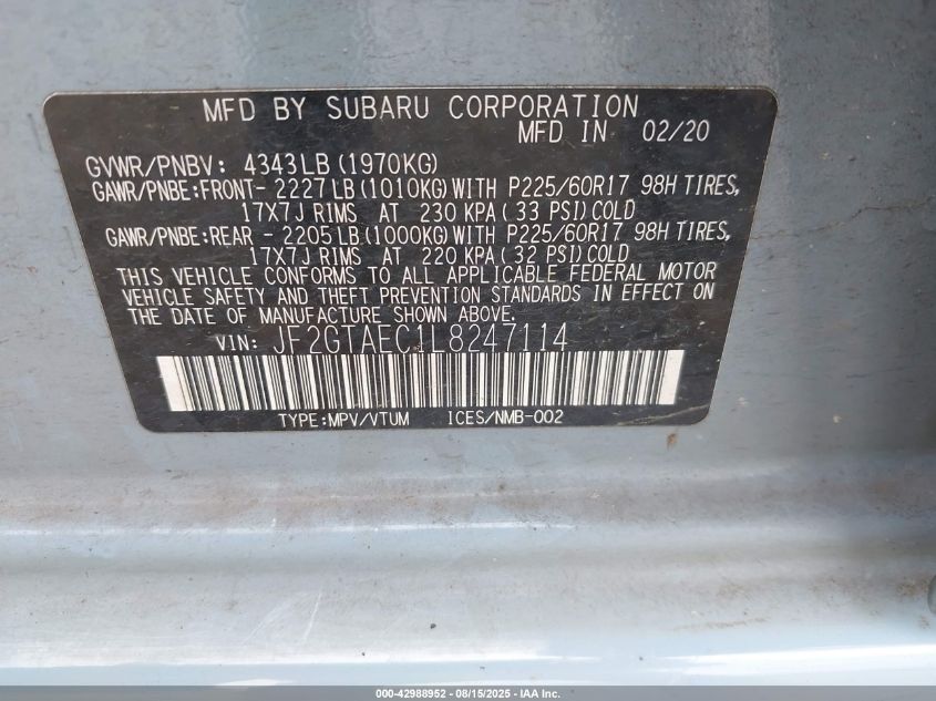 2020 SUBARU CROSSTREK PREMIUM JF2GTAEC1L8247114