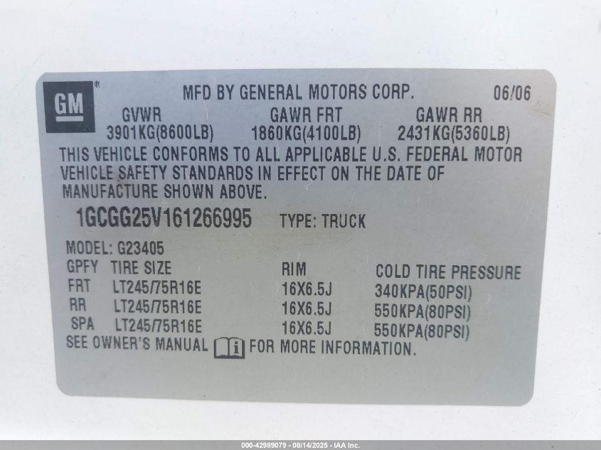 2006 Chevrolet Express Work Van VIN: 1GCGG25V161266995 Lot: 42989079