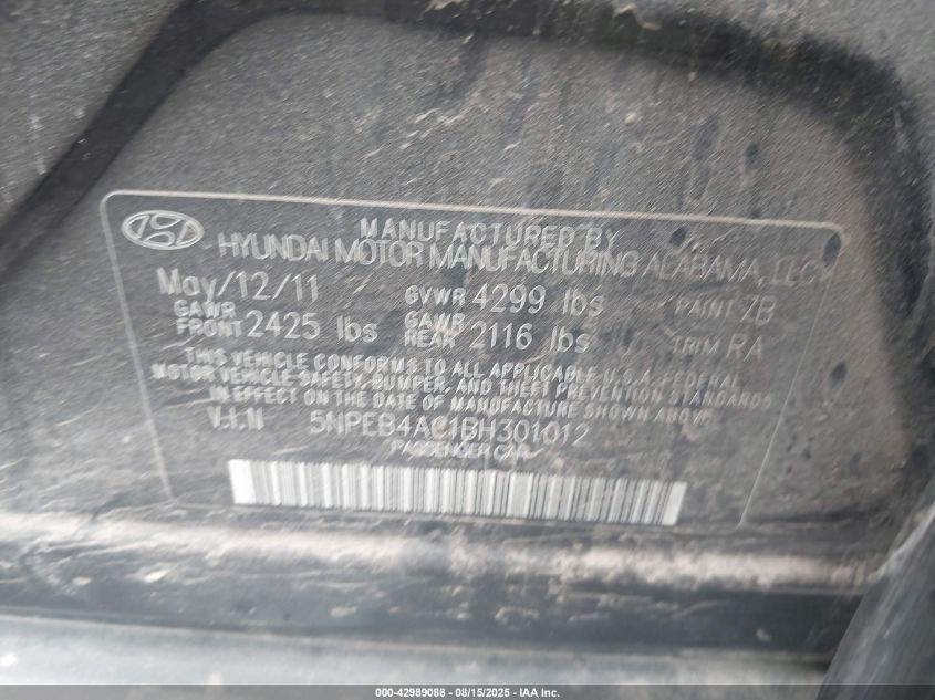 2011 Hyundai Sonata Gls VIN: 5NPEB4AC1BH301012 Lot: 42989088