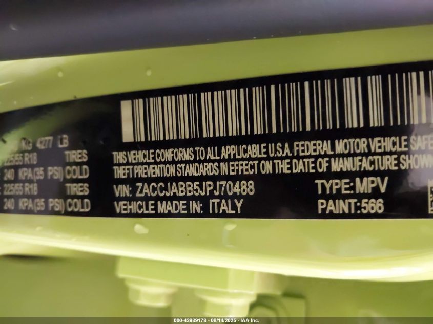 2018 Jeep Renegade Altitude Fwd VIN: ZACCJABB5JPJ70488 Lot: 42989178