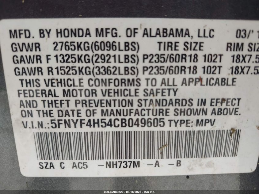 2012 Honda Pilot Ex-L VIN: 5FNYF4H54CB049605 Lot: 42989220