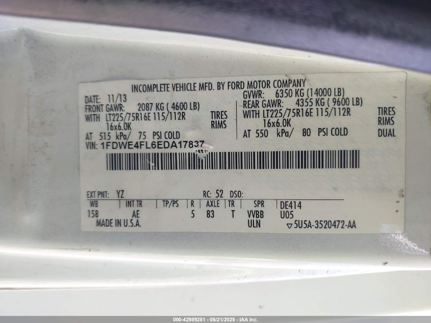 2014 Ford Econoline E450 Super Duty Cutwy Van VIN: 1FDWE4FL6EDA17837 Lot: 42989281