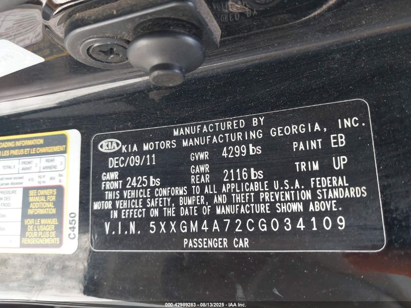 2012 Kia Optima Lx VIN: 5XXGM4A72CG034109 Lot: 42989283