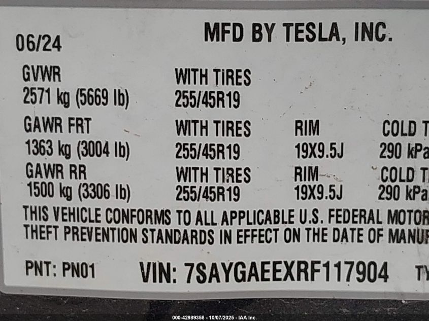 2024 Tesla Model Y Long Range Dual Motor All-Wheel Drive VIN: 7SAYGAEEXRF117904 Lot: 42989358
