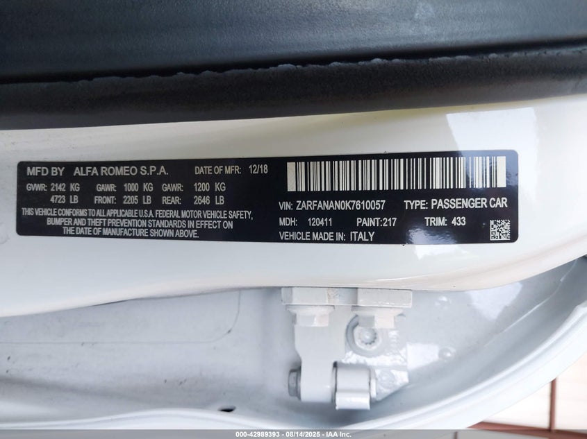 2019 ALFA ROMEO GIULIA SPORT AWD ZARFANAN0K7610057
