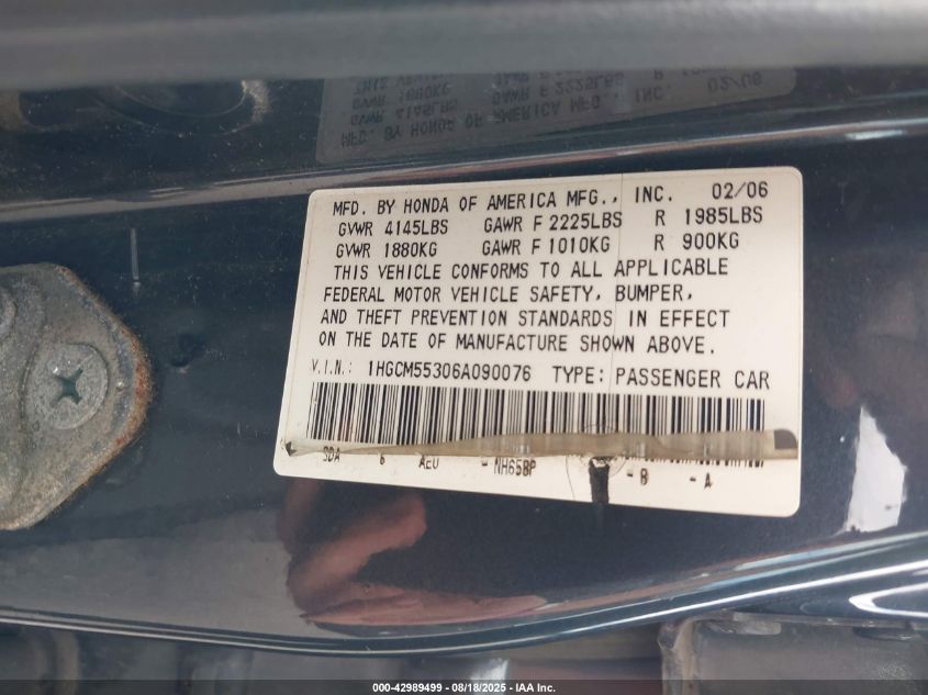2006 Honda Accord 2.4 Se VIN: 1HGCM55306A090076 Lot: 42989499