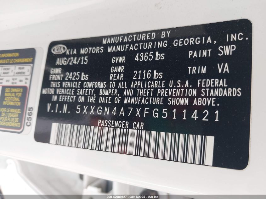 2015 Kia Optima Ex VIN: 5XXGN4A7XFG511421 Lot: 42989527