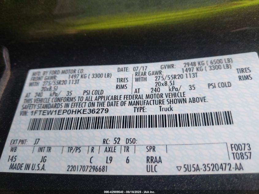 2017 Ford F-150 Xl VIN: 1FTEW1EP0HKE36279 Lot: 42989540