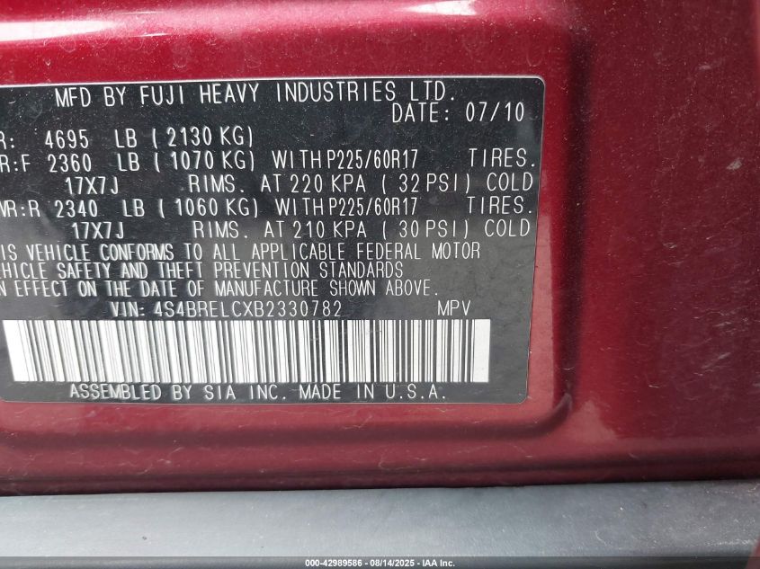 2011 Subaru Outback 3.6R Limited VIN: 4S4BRELCXB2330782 Lot: 42989586