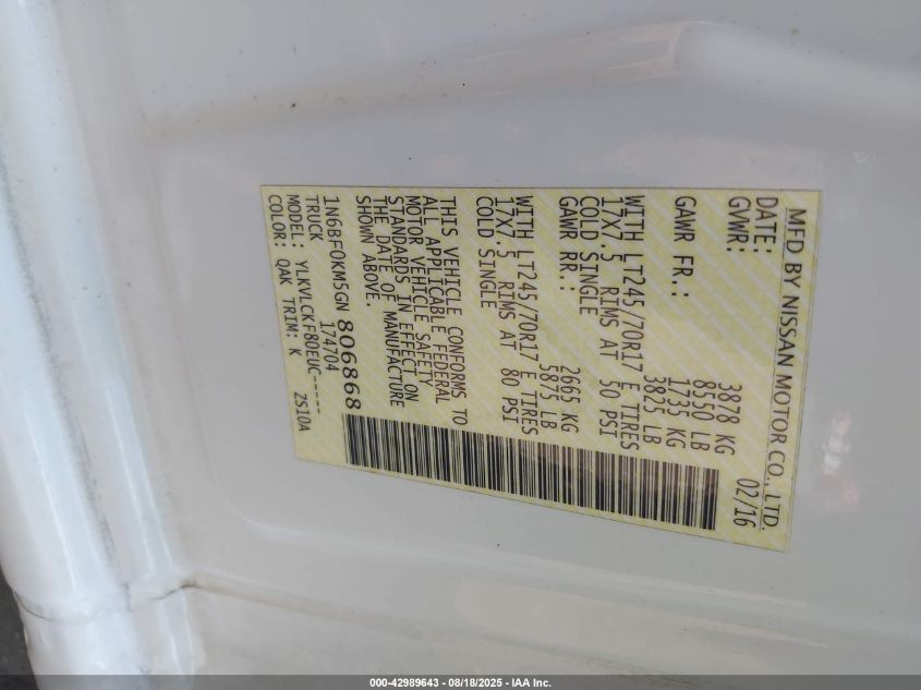 2016 Nissan Nv Cargo Nv1500 S V6 VIN: 1N6BF0KM5GN806868 Lot: 42989643