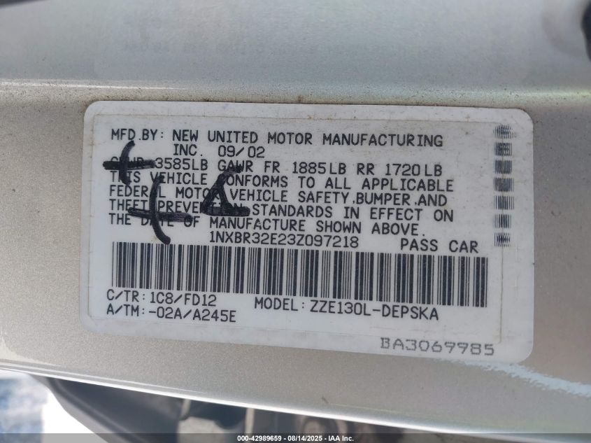 2003 Toyota Corolla S VIN: 1NXBR32E23Z097218 Lot: 42989659