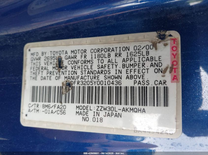 2000 Toyota Mr2 Spyder VIN: JTDFR3205Y0010436 Lot: 42989881