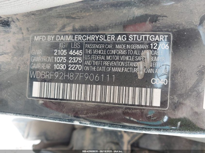 2007 Mercedes-Benz C 280 Luxury 4Matic VIN: WDBRF92H87F906111 Lot: 42989939