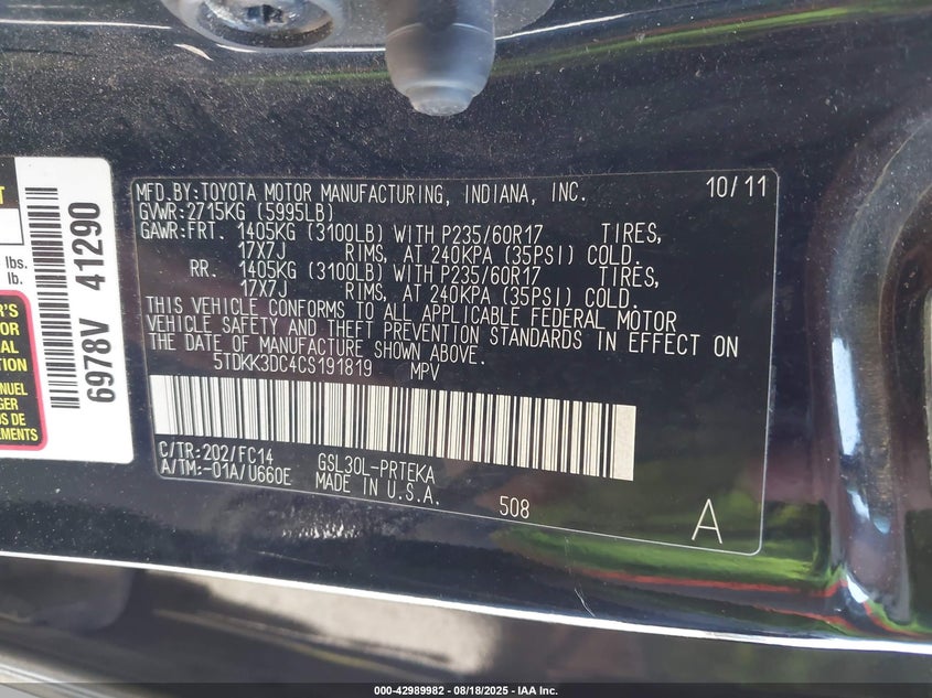 2012 Toyota Sienna Le V6 8 Passenger VIN: 5TDKK3DC4CS191819 Lot: 42989982