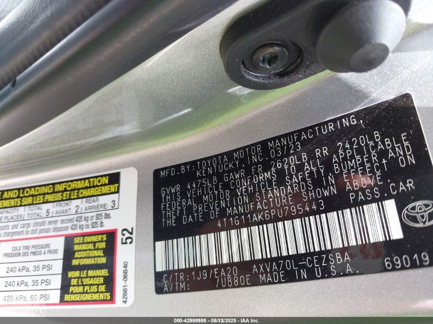 2023 Toyota Camry Se VIN: 4T1G11AK6PU795443 Lot: 42989986