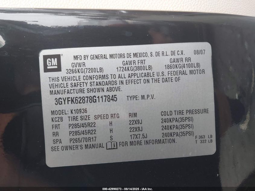 2008 Cadillac Escalade Ext Standard VIN: 3GYFK62878G117845 Lot: 42990273