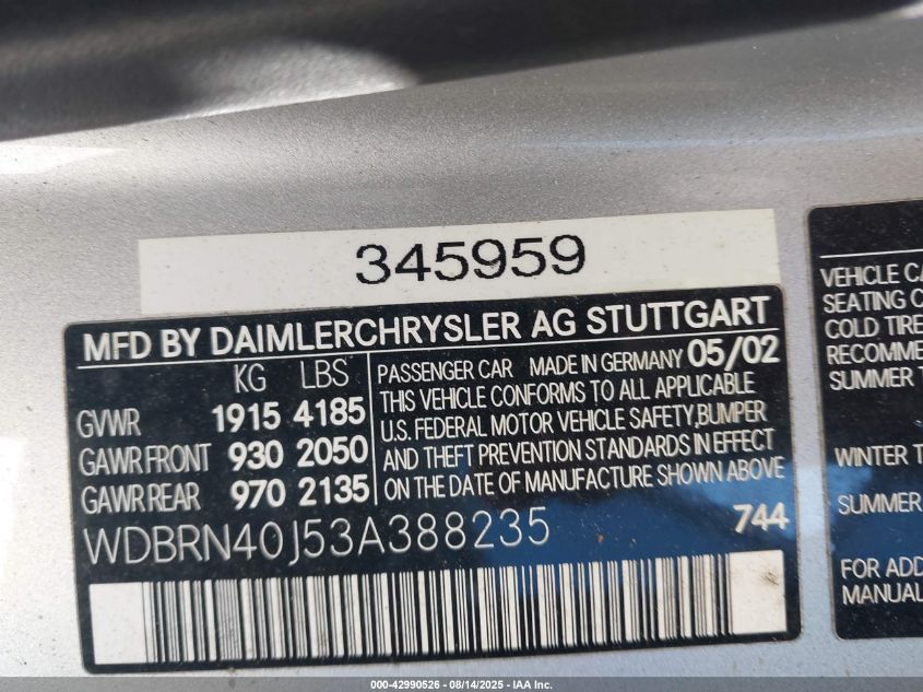 2003 Mercedes-Benz C 230K Sport Coupe VIN: WDBRN40J53A388235 Lot: 42990526
