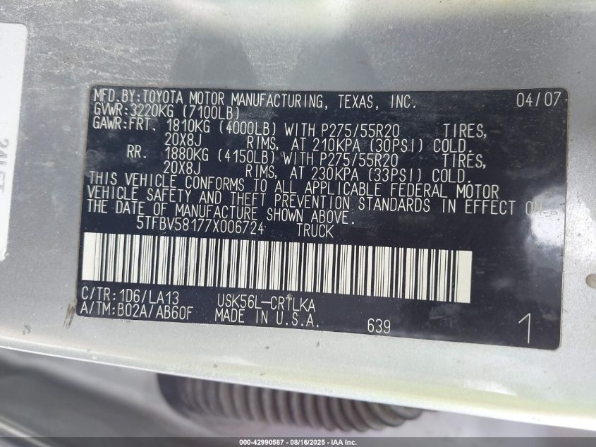 2007 Toyota Tundra Limited 5.7L V8 VIN: 5TFBV58177X006724 Lot: 42990587