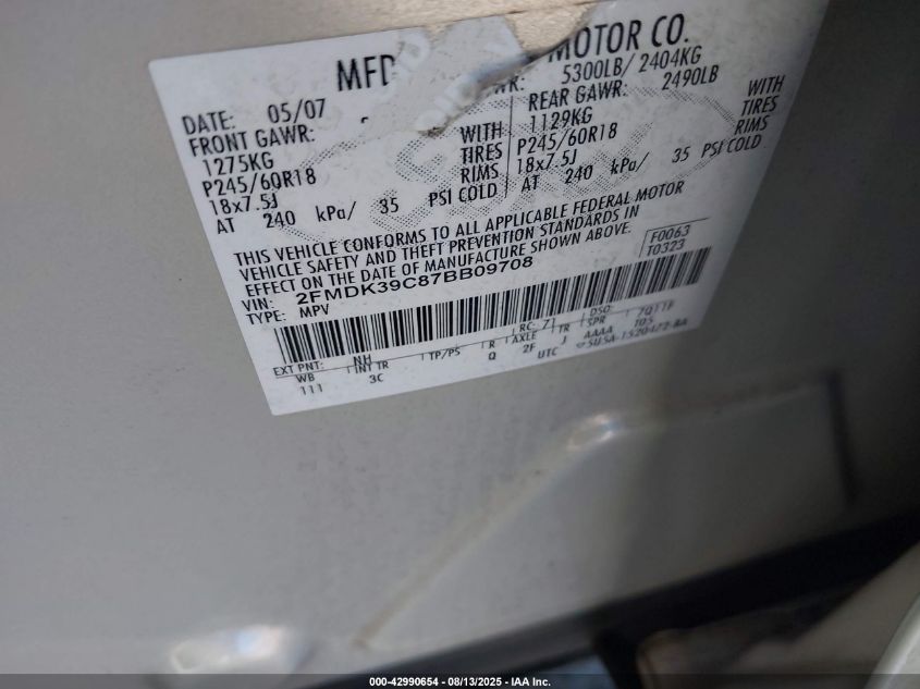 2007 Ford Edge Sel Plus VIN: 2FMDK39C87BB09708 Lot: 42990654