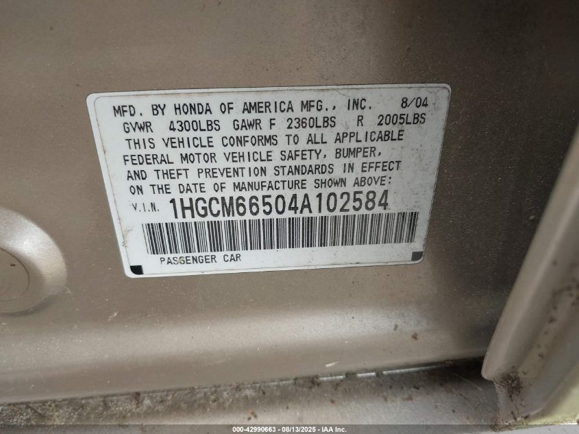 2004 Honda Accord 3.0 Ex VIN: 1HGCM66504A102584 Lot: 42990663
