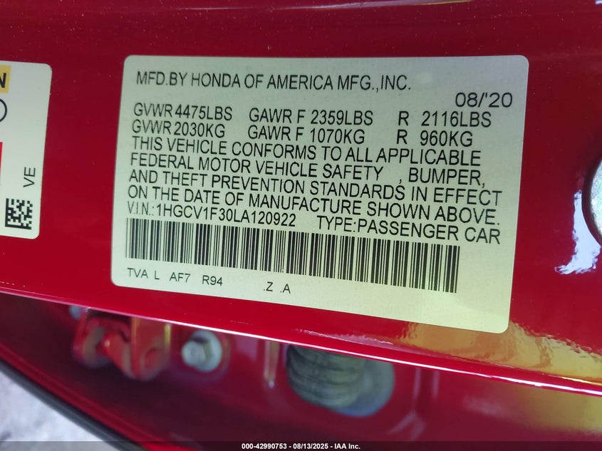 2020 HONDA ACCORD SPORT 1HGCV1F30LA120922