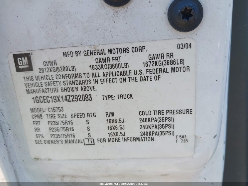 2004 Chevrolet Silverado C1500 VIN: 1GCEC19X14ZQ92083 Lot: 42990754