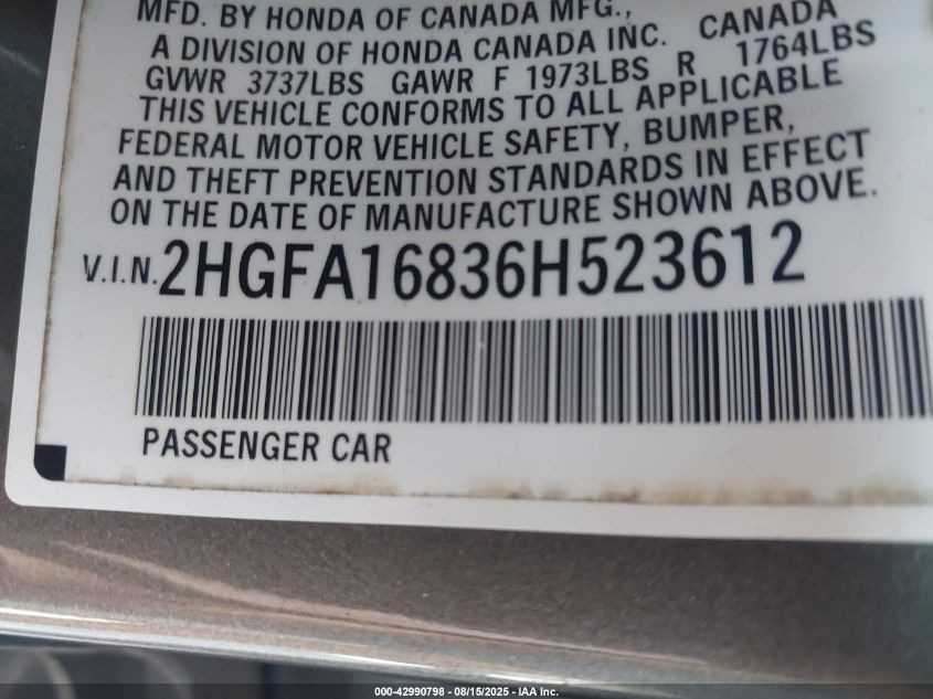 2008 Honda Civic VIN: 02HGFA1683H523612 Lot: 42990798