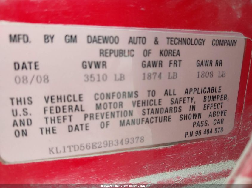 2009 Chevrolet Aveo Ls VIN: KL1TD56E29B349378 Lot: 42990848