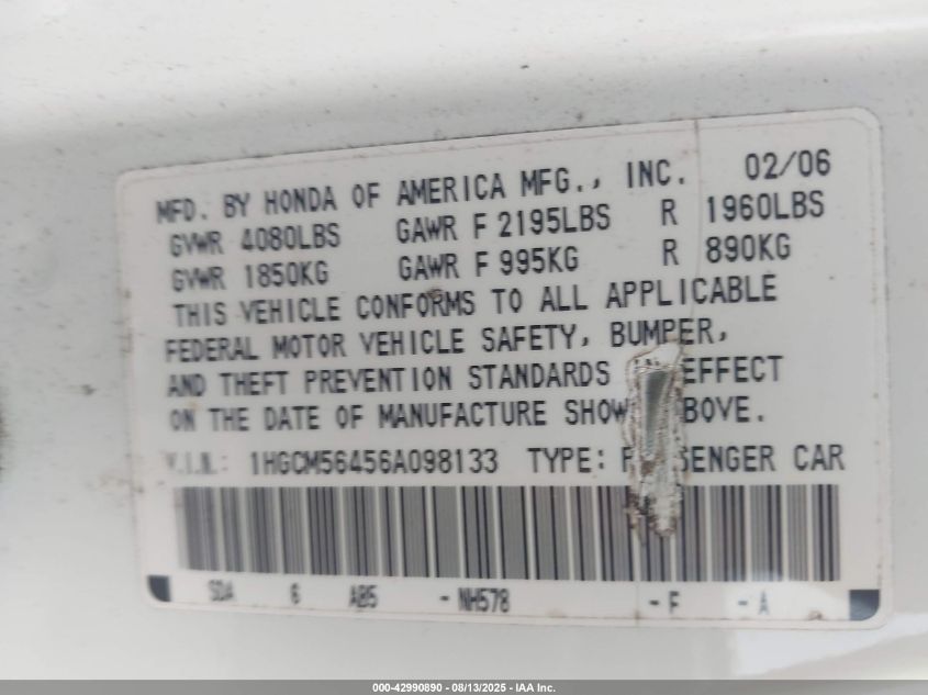 2006 Honda Accord 2.4 Lx VIN: 1HGCM56456A098133 Lot: 42990890