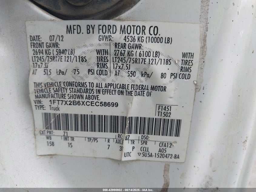 2012 Ford F-250 Xl VIN: 1FT7X2B6XCEC58699 Lot: 42990902