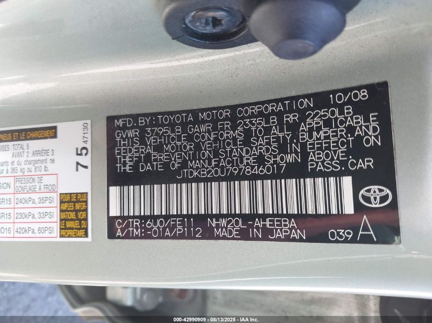 2009 Toyota Prius VIN: JTDKB20U797846017 Lot: 42990909