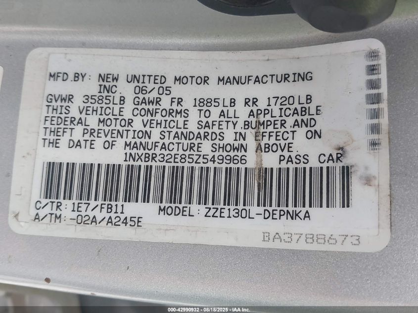 2005 Toyota Corolla Le VIN: 1NXBR32E85Z549966 Lot: 42990932