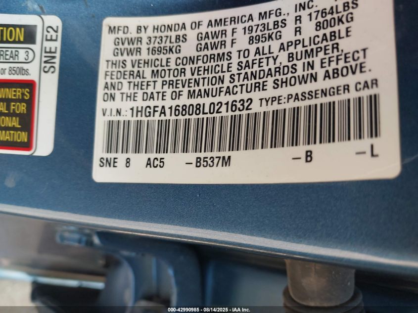 2008 Honda Civic Ex VIN: 1HGFA16808L021632 Lot: 42990985
