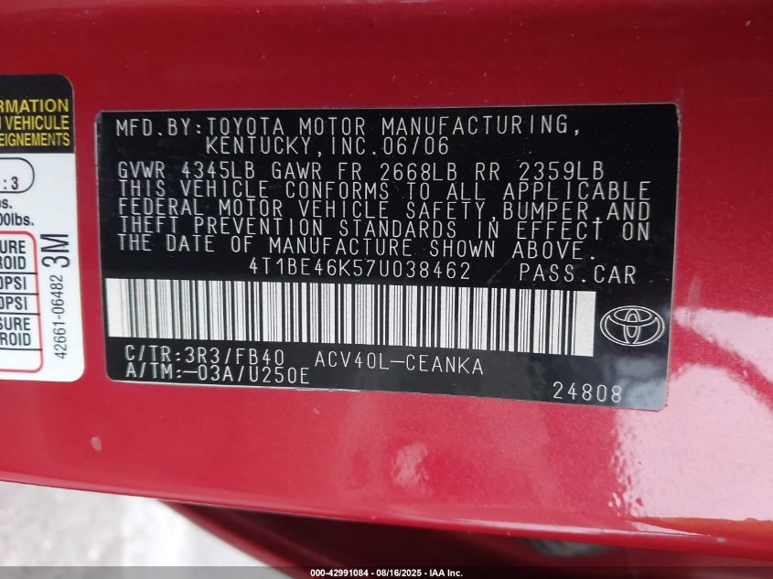 2007 Toyota Camry Le VIN: 4T1BE46K57U038462 Lot: 42991084