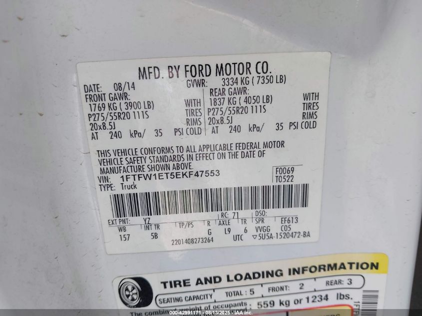 2014 Ford F150 Supercrew VIN: 1FTFW1ET5EKF47553 Lot: 42991171