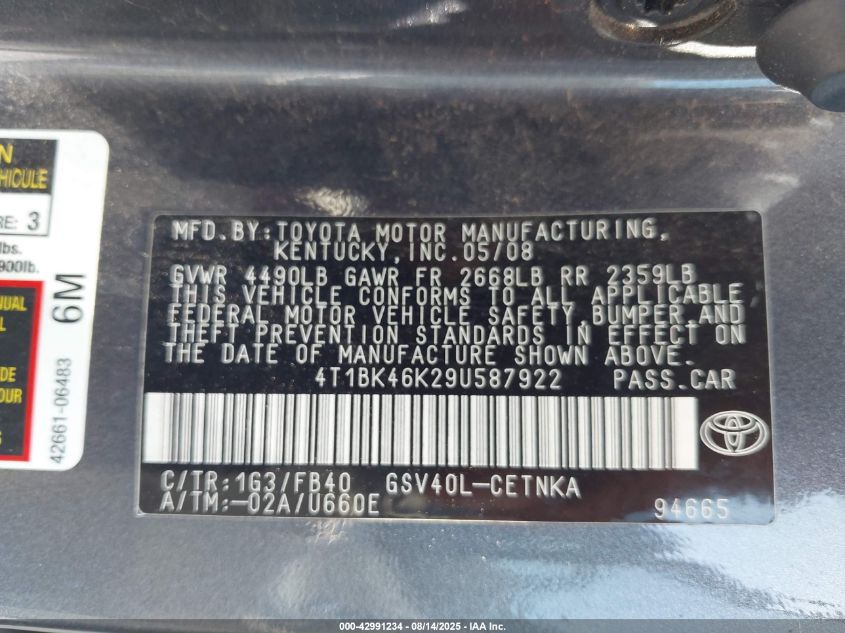 2009 Toyota Camry Le V6 VIN: 4T1BK46K29U587922 Lot: 42991234