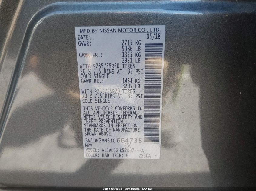 2018 Nissan Pathfinder Platinum VIN: 5N1DR2MN5JC664735 Lot: 42991254