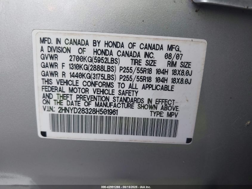 2008 Acura Mdx Technology VIN: 2HNYD28328H501961 Lot: 42991266