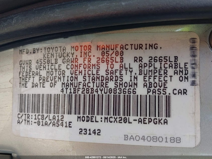 2000 Toyota Avalon Xls VIN: 4T1BF28B4YU083666 Lot: 42991272