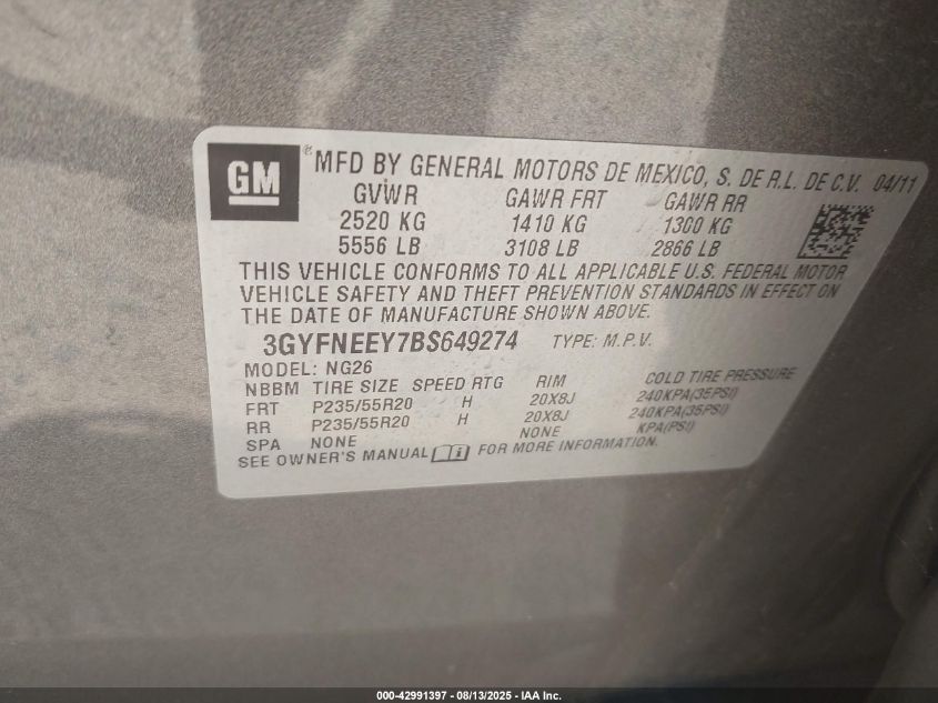 2011 Cadillac Srx Performance Collection VIN: 3GYFNEEY7BS649274 Lot: 42991397