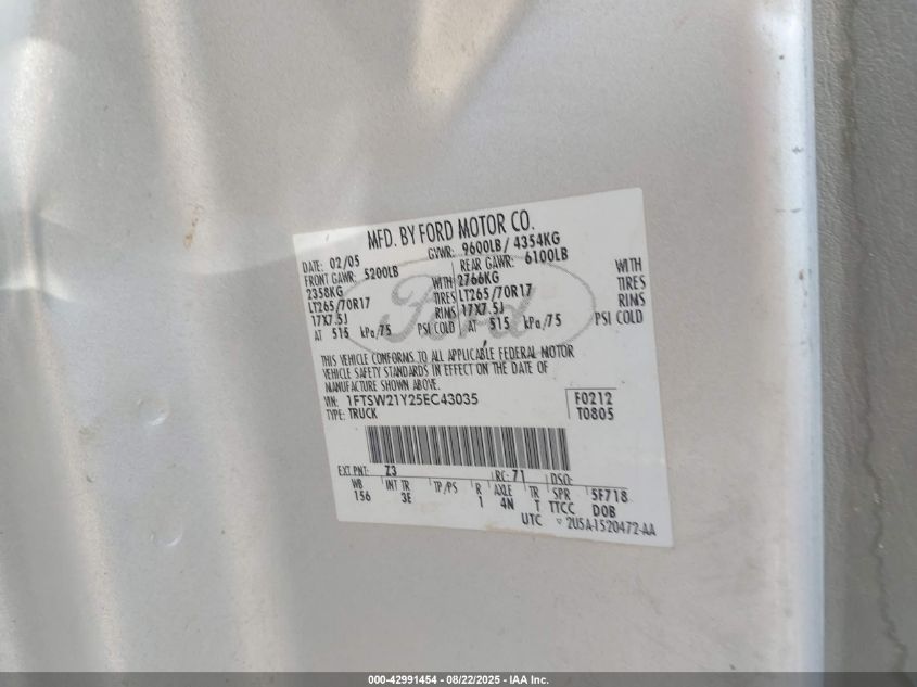 2005 Ford F250 Super Duty VIN: 1FTSW21Y25EC43035 Lot: 42991454