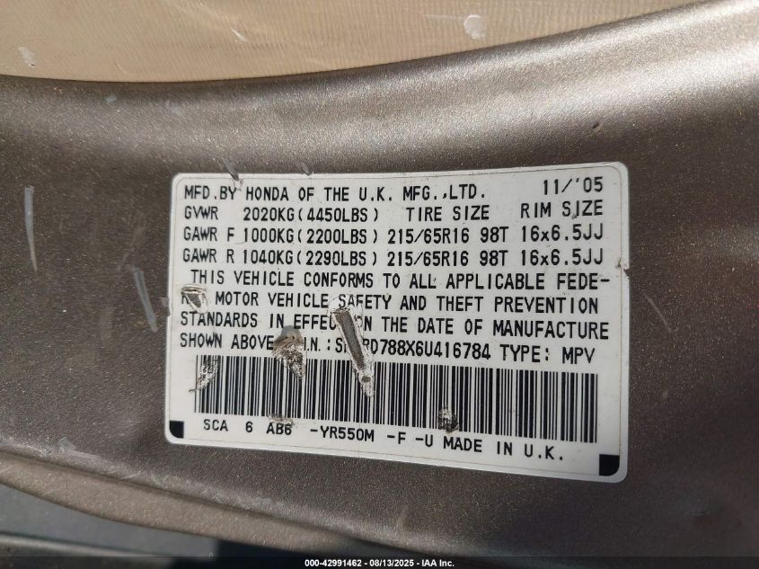 2006 Honda Cr-V Ex VIN: SHSRD788X6U416784 Lot: 42991462