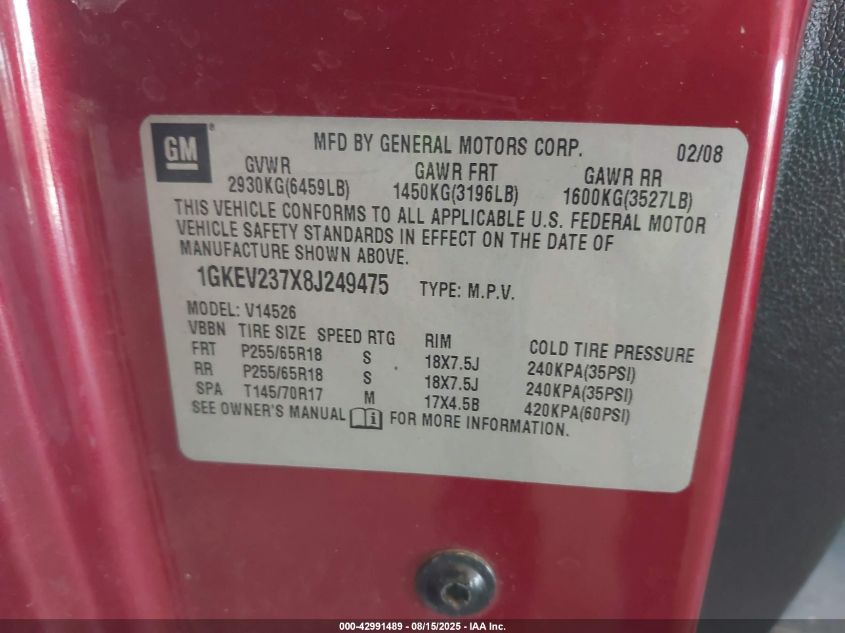 2008 GMC Acadia Slt-1 VIN: 1GKEV237X8J249475 Lot: 42991489