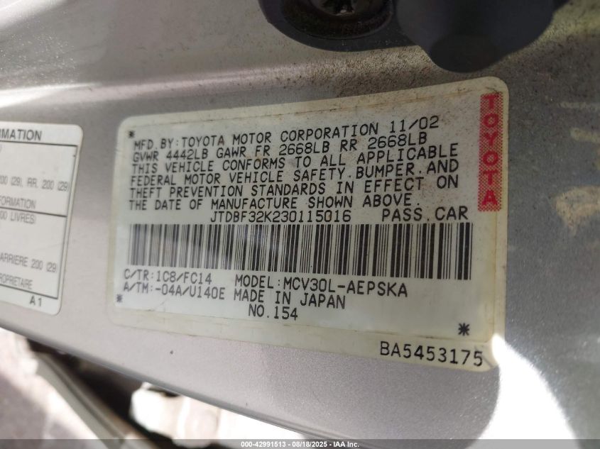 2003 Toyota Camry Le V6/Se V6/Xle V6 VIN: JTDBF32K230115016 Lot: 42991513