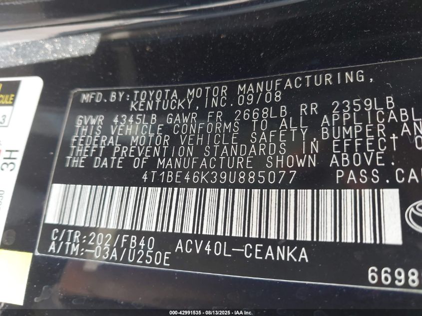2009 Toyota Camry Le VIN: 4T1BE46K39U885077 Lot: 42991535