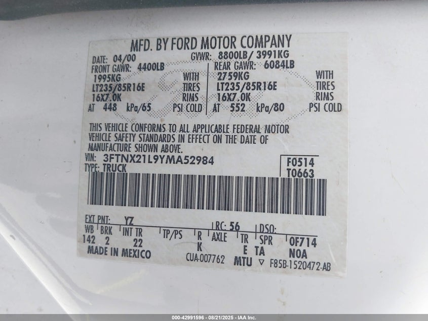 2000 Ford F-250 Lariat/Xl/Xlt VIN: 3FTNX21L9YMA52984 Lot: 42991596