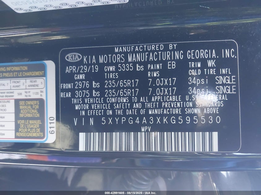 2019 Kia Sorento 2.4L L VIN: 5XYPG4A3XKG595530 Lot: 42991605