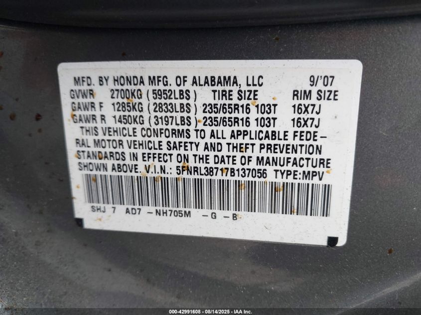 2007 Honda Odyssey Ex-L VIN: 5FNRL38717B137056 Lot: 42991608