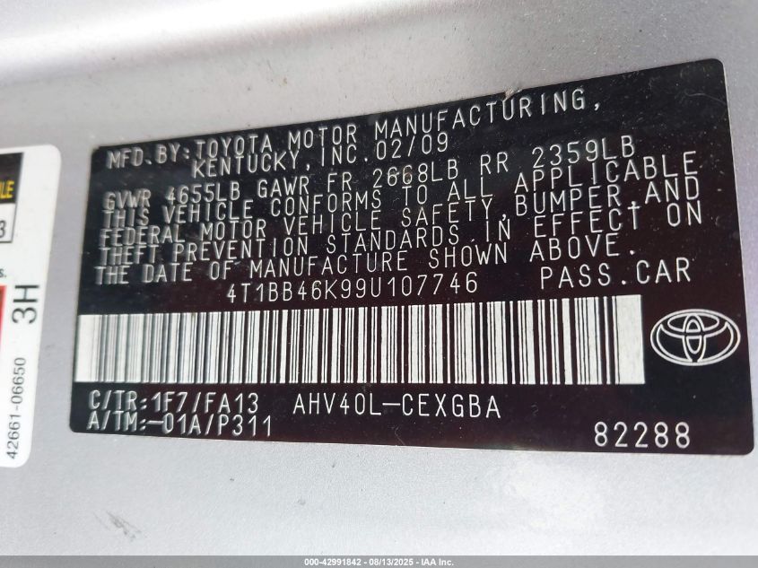 2009 Toyota Camry Hybrid VIN: 4T1BB46K99U107746 Lot: 42991842