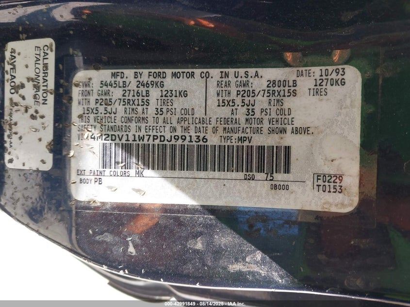 1993 Mercury Villager VIN: 4M2DV11W7PDJ99136 Lot: 42991849